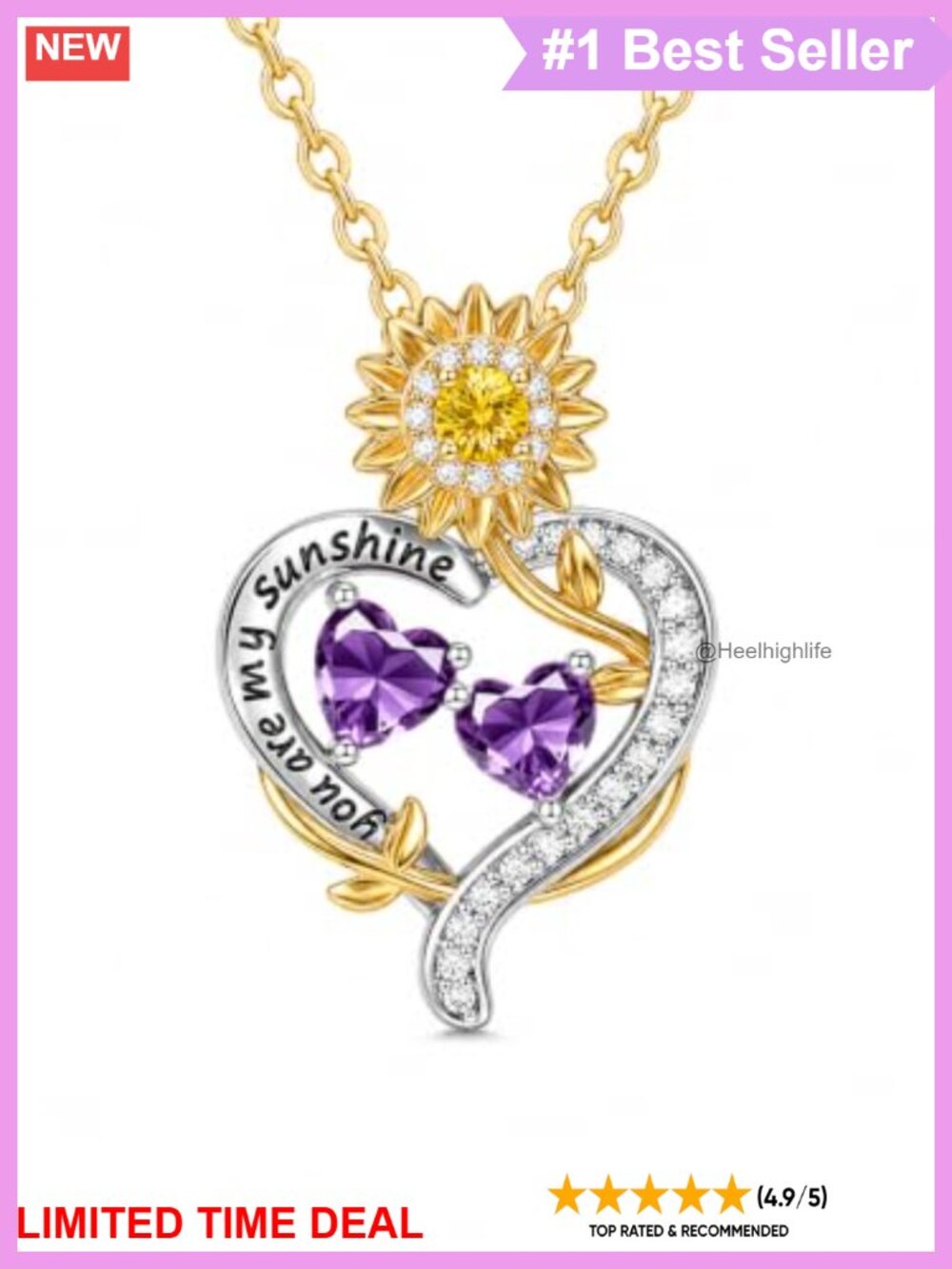 14K Gold Plated Sunflower Heart Necklace Double Birthstone Pendant